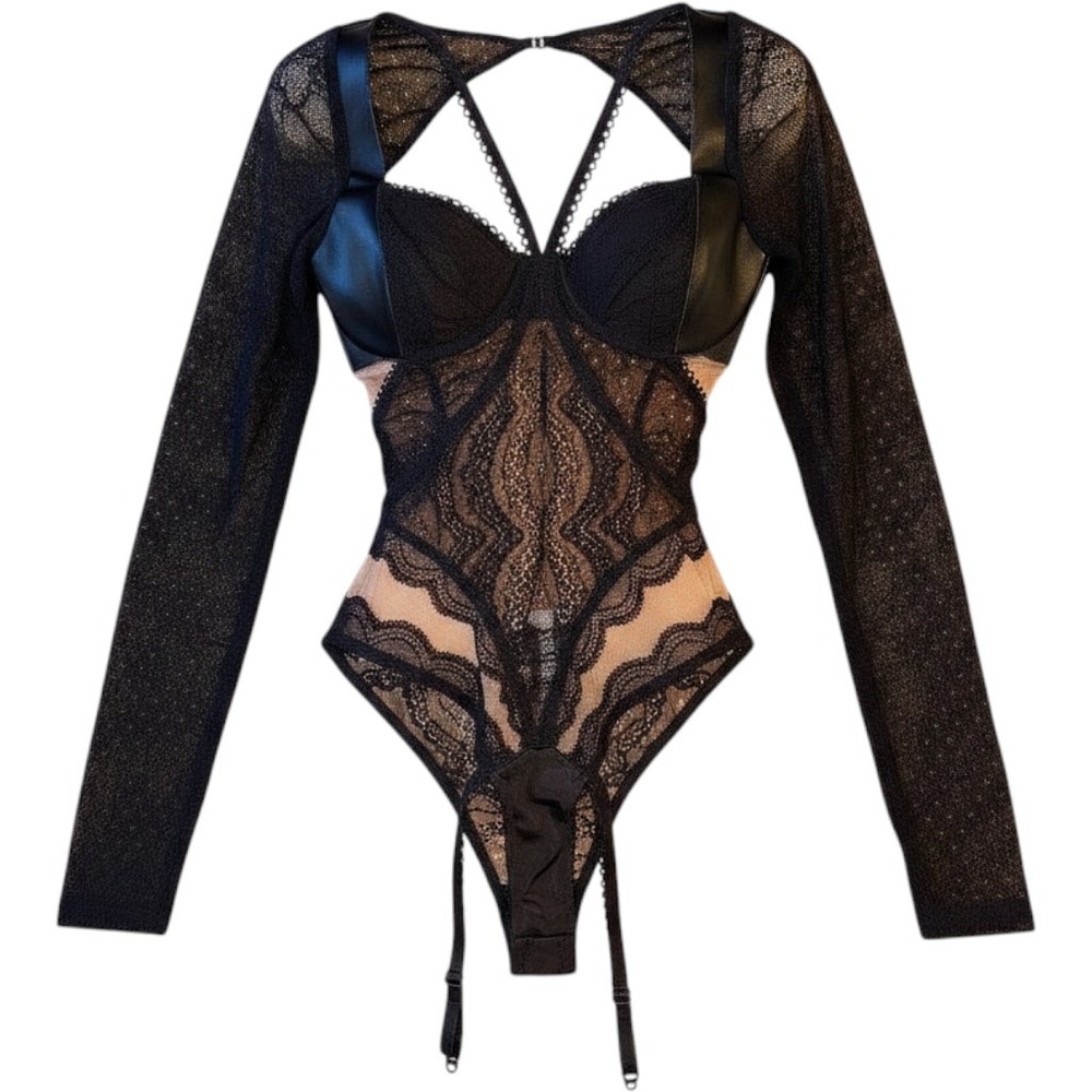 For Love & Lemons Skivvies Bodysuit Womens XS‎ Black Lace Mesh Cutout LS gold